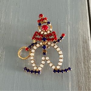 Fun Loving Clown! Rhinestone Vintage Brooch Red White & Blue